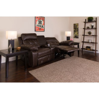 Flash Furniture BT-70530-2-BRN-CV-GG Real Comfort Series 2-Seat Reclining Brown Leather Theater Seating Unit with Curved Cup Holders